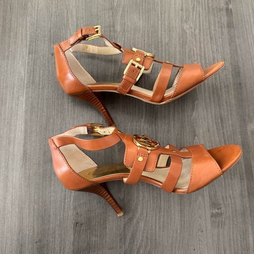 Michael Kors leather strappy gladiator brown camel heels size 8 - Picture 6 of 11